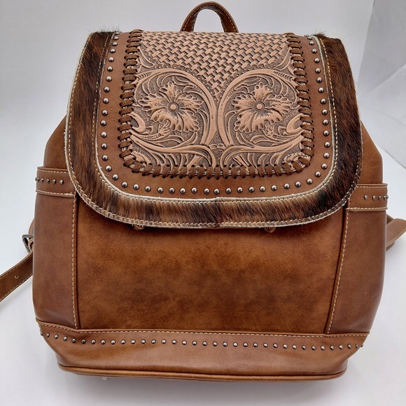 Trinity Ranch Backpack Purse Bag Brown Western Tooled Leather Hyde Hair Rodeo - Picture 2 of 11